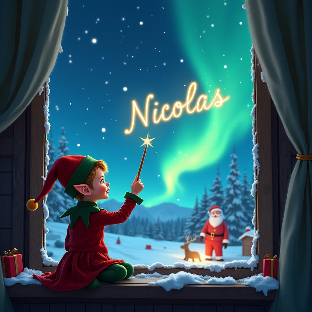 Elf on the shelf facing the sky. Using a wand to write 'Nicolas' in the air. Magical Christmas background with northern lights and Santa.