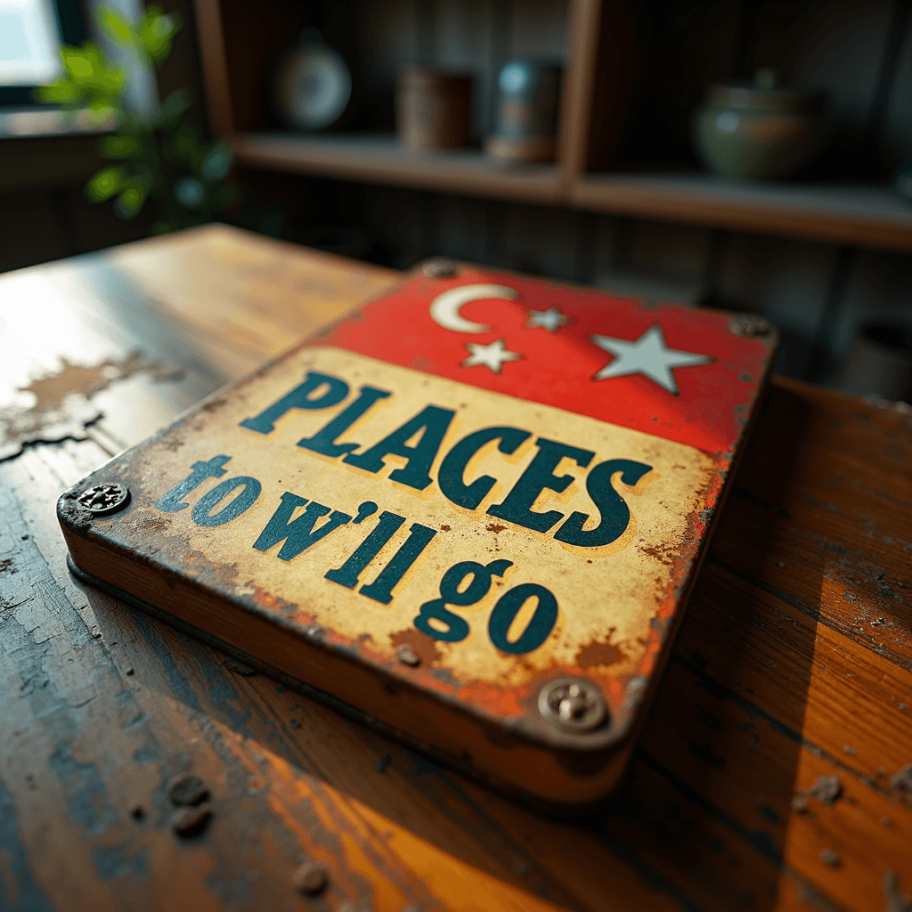 A rustic sign with the phrase "Places you'll go" evokes a sense of wanderlust and nostalgia.