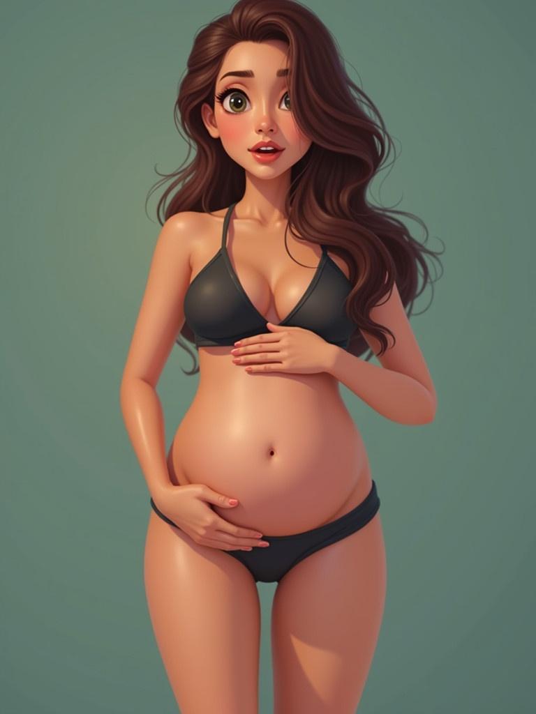 A woman in a black bikini holds her pregnant belly. She has long brown hair and a smooth, contoured figure against a teal background. Gesturing maternal warmth and femininity.