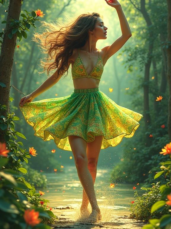 A female dancer in a lime green miniskirt twirls gracefully in a lush green forest by a stream. Soft light shines through the trees, enhancing the ethereal ambiance. The scene is vibrant and playful, conveying a sense of freedom and joy.