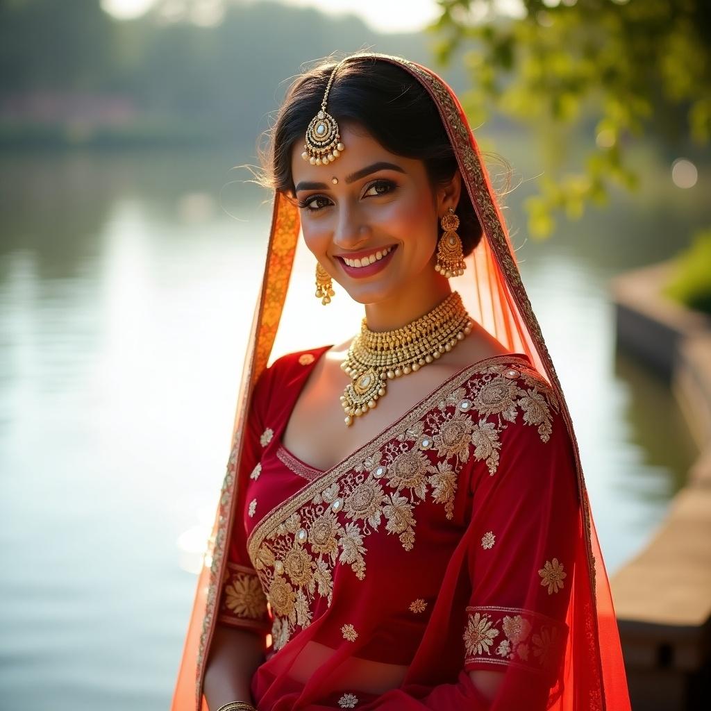 A woman is elegantly dressed in a traditional red saree with intricate gold embroidery, standing outdoors by a calm body of water. Her radiant smile showcases her beauty, and she wears elegant gold jewelry that complements her attire. The warm, soft natural light enhances her features, creating an inviting atmosphere. The tranquil water scene in the background adds to the festive mood. This portrait captures the essence of traditional South Asian bridal attire beautifully.