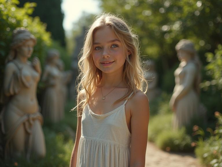 14 year old blonde girl with blue eyes in an ancient Roman garden. Surrounded by statues of Aphrodite and a satyr. Wearing a short linen dress. High-resolution photography. Shot from a distance of 25 meters.