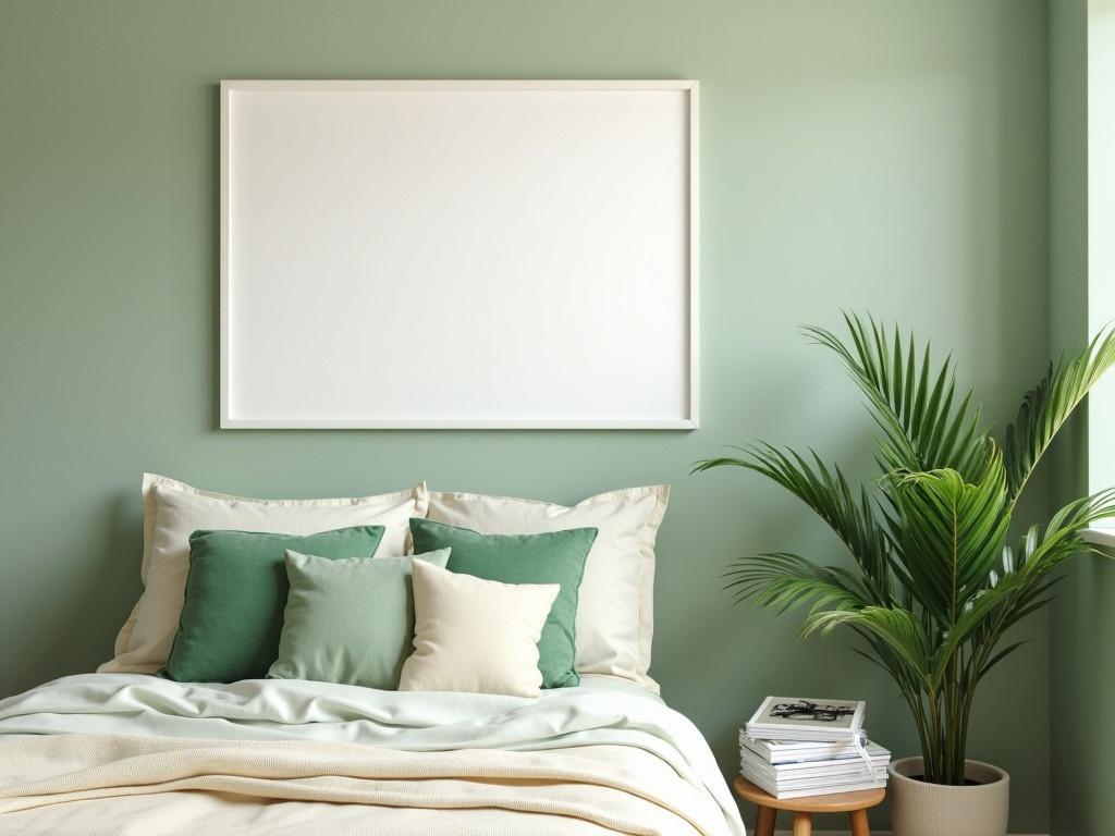 This image features a cozy bedroom with a minimalist design. The walls are painted a soft green, creating a calm atmosphere. Above the bed, there is a blank white frame, perfect for adding artwork later. The bed is dressed with various cushions in shades of green and cream, offering a comfortable look. A potted palm plant stands next to the bed, adding a touch of nature to the space. Stacked beside the bed are some magazines, suggesting a relaxing place to read. The overall vibe of the room is serene and inviting, perfect for rest and relaxation.