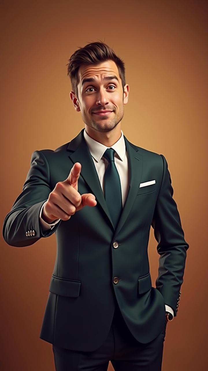 A well-dressed man in a dark suit pointing confidently forward against a brown background.