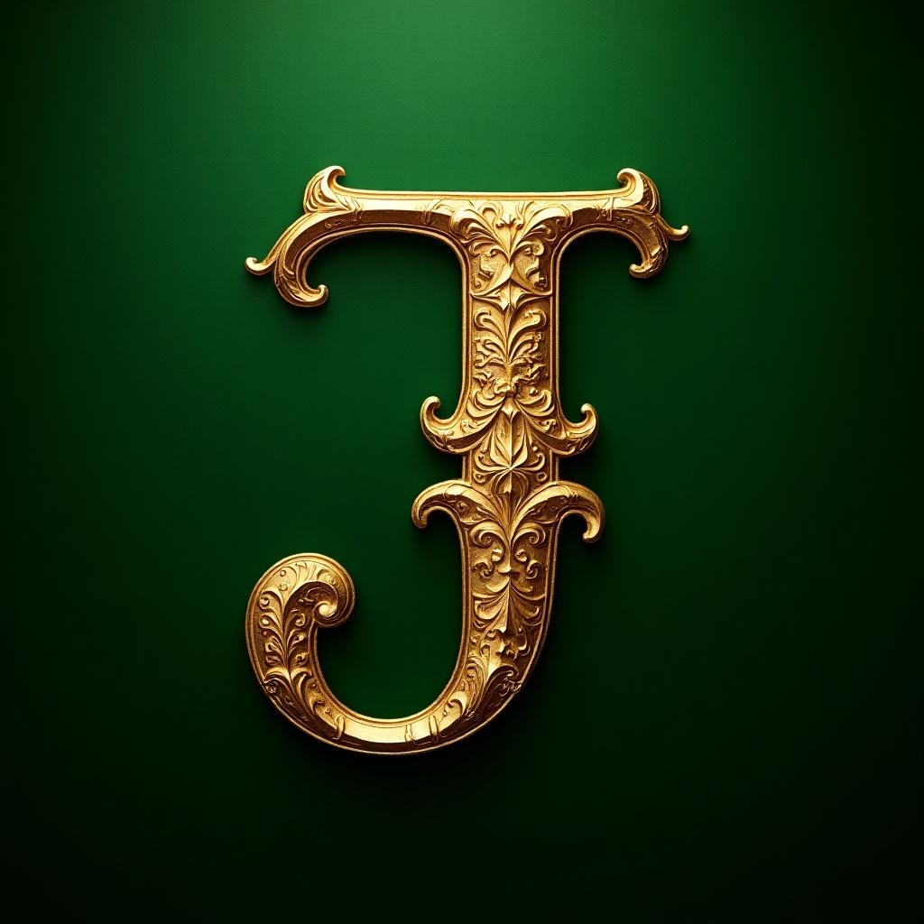 Luxurious golden letter 'J' with intricate engravings on rich green background.