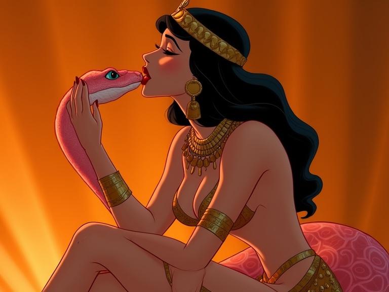 Cleopatra interacting with a pink muscled snake. She poses elegantly with ornate jewelry. The background is a blend of orange tangerine hues. The composition is visually striking and matches a themed animation style.