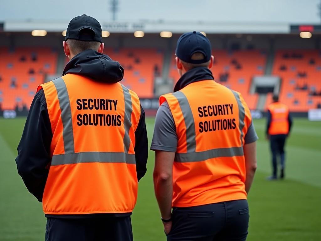 Two security guards at a sports stadium wearing orange vests with 'Security Solutions' on the back, monitoring the event.