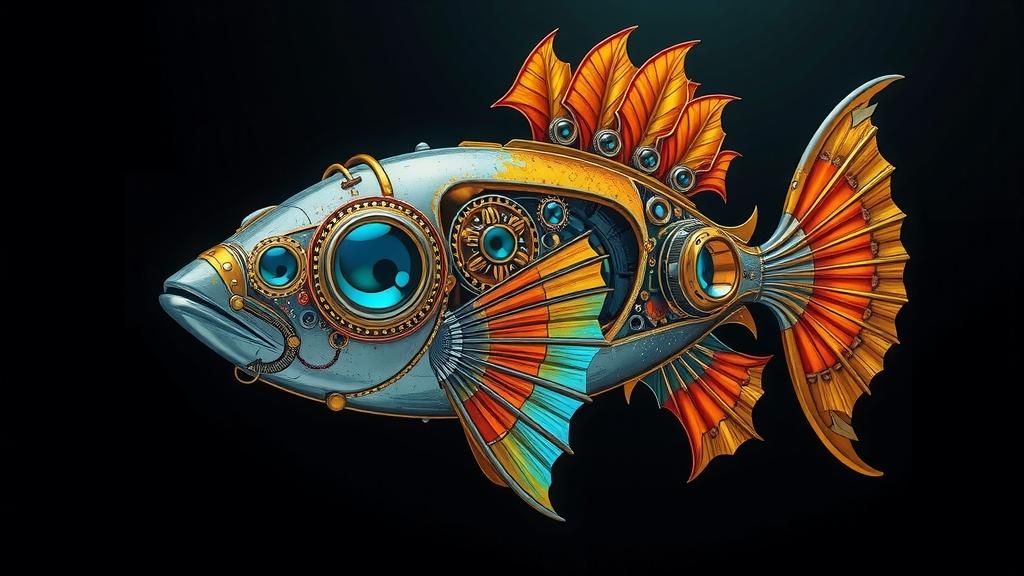 A steampunk-inspired illustration of a fish designed with mechanical gears and vibrant metallic colors.