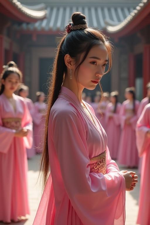 Extremely attractive woman dressed in pink silk hanfu with long hair styled in two side pigtails. She is in a Chinese castle surrounded by women in similar attire.