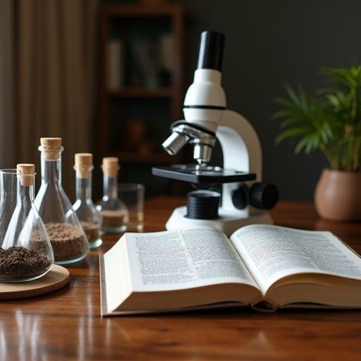 Microscope sits beside an open book labeled holy bible. Various soil samples displayed in glass flasks and jars on the table. The setting is a study area with natural light.