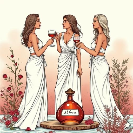 Three beautiful goddesses with hourglass figures enjoy a relaxing moment. They toast with cocktail liqueur glasses. They wear light, flowing sarong wraps. An apothecary-style bottle labeled 'ALFRUNO' sits on rustic wood. Golden-red glow emanates from the bottle. Natural accents from roses and herbs enhance the scene. Background features a luxury modern garden atmosphere.