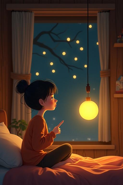 Animated Asian lady sitting in a cozy earthy bedroom. She is in side view. Nightlights filter through the window. The scene creates a sense of nostalgia and comfort. A glowing yellow orb floats above her head.