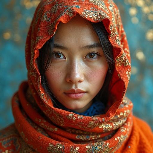 A Tibetan woman gazes at the viewer. She wears a tattered kintsugi orange hijab and red cashmere clothes. Background features a broken blue sky with kintsugi effect. Include a misty sun and hints of a turquoise lake.
