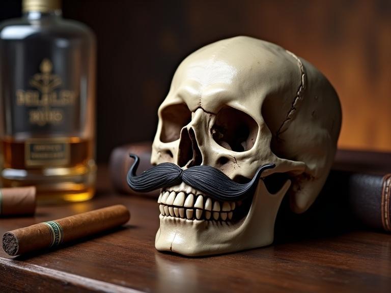 A close-up of a detailed masculine skull featuring a styled mustache. The skull rests on a dark wooden surface with a whiskey glass and bottle nearby. A leather-bound book and a cigar add sophistication. The scene has warm ambient lighting typical of a study or den. Space for 'HAPPY FATHER'S DAY' text is included.