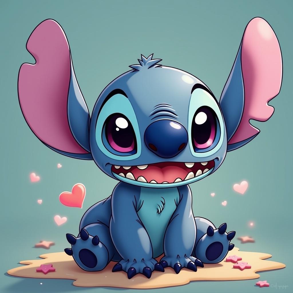 Stitch character in a cute and playful style. Character has big ears and sparkling eyes. Pink background with hearts and stars. Stitch appears joyful and charming.