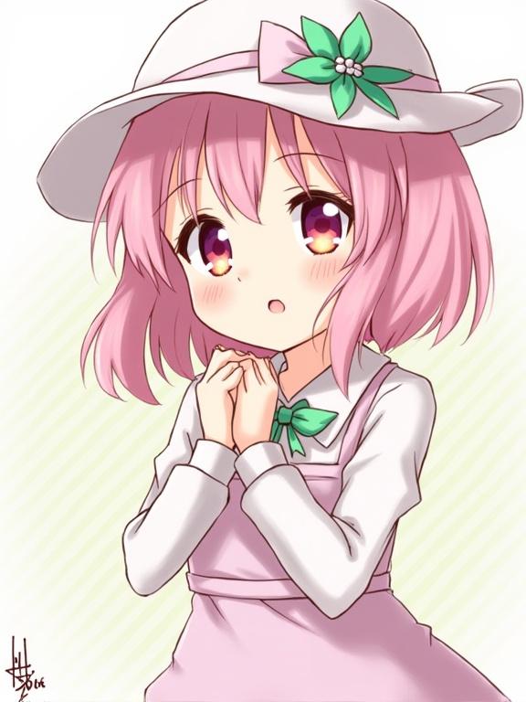 Japanese anime style character featuring a girl with pink hair wearing a white hat with a green flower. She has a bored expression and is dressed in a pastel outfit. The background has a subtle gradient.