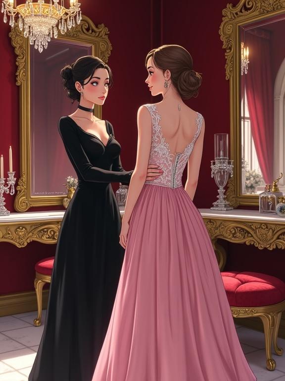 Luxurious vanity room with ornate mirrors and red velvet furnishings. Tall woman in black dress beside crossdresser in pink silk dress. Woman's hand on silver padlock. Stern expression on woman, surprised crossdresser. Warm lighting from chandeliers and polished marble floor. Vanity table with carved details, crystal vases, and perfume bottles. Digital anime artwork in romantic realism style.