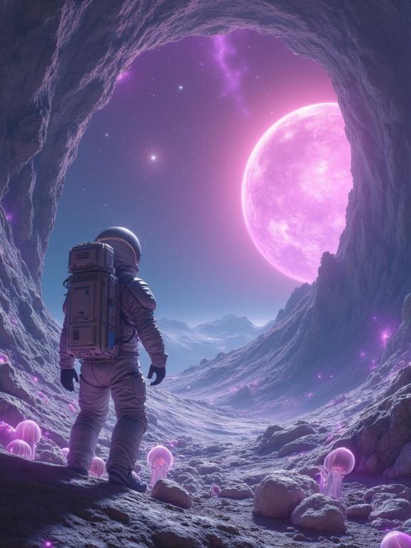 A reflective-suited astronaut explores a gigantic lunar crater lined with prismatic crystals. Neon filaments float like jellyfish. Immense mountains of polished rock rise beneath a purple auroral sky.
