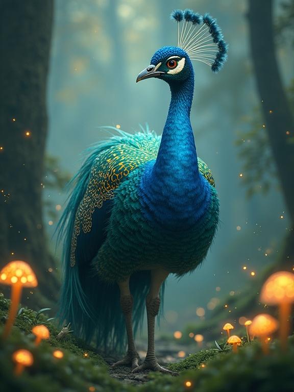Majestic peahen in a dreamlike forest with glowing iridescent blue and green feathers. Long graceful neck surrounded by magical light particles. Forest filled with bioluminescent mushrooms and soft rays of sunlight. Morni looks elegant with gentle eyes. Blends realism with fantasy.