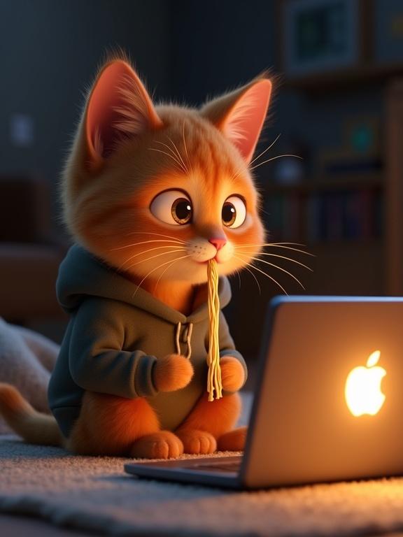 3D animated orange tabby cat in a hoodie sitting on the floor eating noodles while watching a glowing laptop screen in a dimly lit room. Cozy blanket and cluttered background visible. Pixar-style rendering with soft lighting and centered subject.
