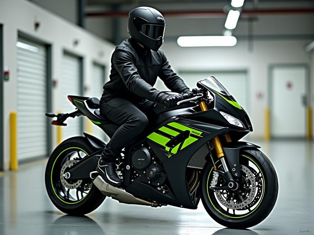 The image shows a rider in black gear sitting on a sleek, modern motorcycle in a garage setting. The motorcycle is predominantly black with bright green accents, highlighting its sporty look. The rider is fully equipped with a helmet, making safety a priority. The garage has several storage doors in the background, creating a clean and organized environment. The focus is on the rider and the motorcycle, showcasing the blend of style and functionality.