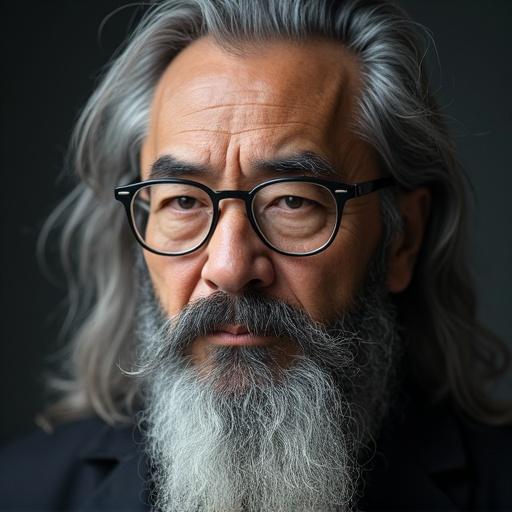 Closeup shot of a man with long gray hair and beard, wearing glasses. He looks serene and thoughtful.