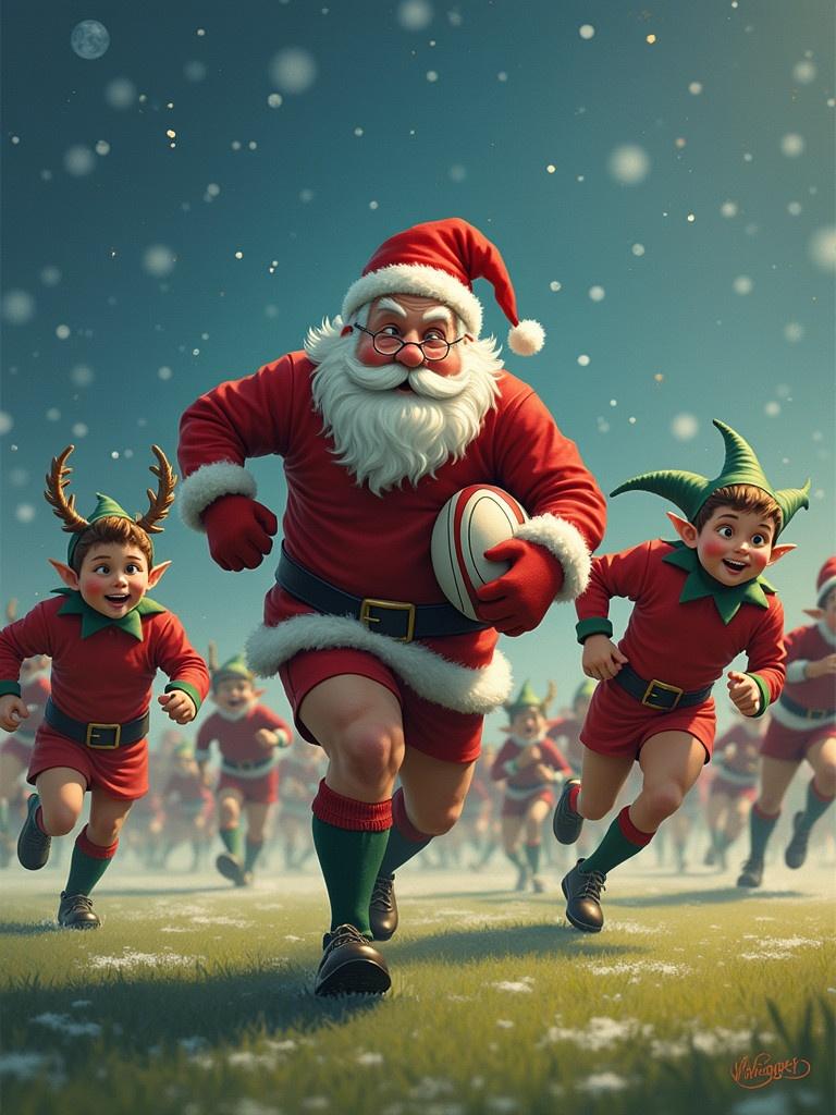 Santa leads elves in a joyful game of rugby. All characters are dressed in traditional Christmas attire. They run energetically across a green field. The atmosphere is festive and vibrant. Snowflakes are gently falling in the background.