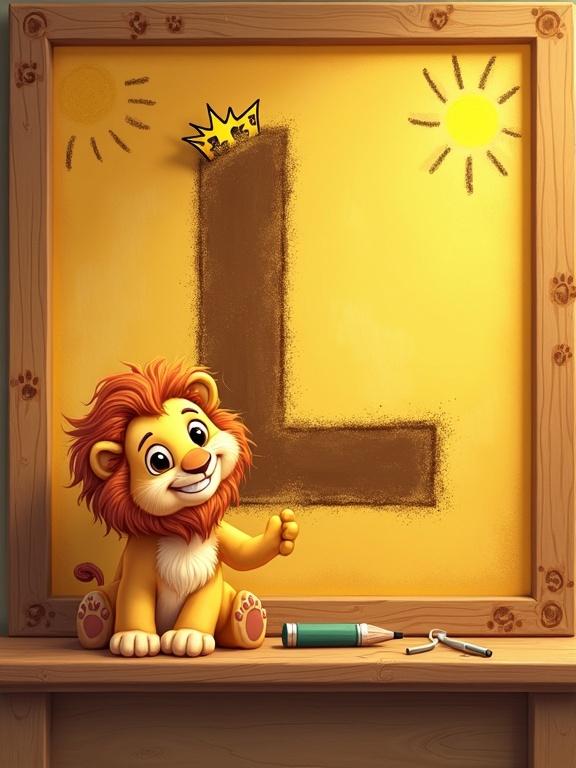 Playful cartoon illustration depicts a golden-yellow chalkboard with a bold letter L in rich brown chalk. A cute lion cub sits on the ledge with a fluffy mane and mischievous smile. One paw swats at the chalk drawing. Chalk dust surrounds the L's edges with paw prints visible. The wooden frame features doodled suns and stars. Style showcases warm earthy tones, soft lighting, and a savanna classroom vibe with floating dust motes.