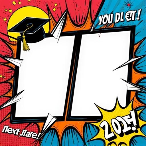 Graduation-themed photo collage in comic book style. Two large blank photo frames occupy most of the image. One frame shaped like a comic-style explosion panel and the other like a stylized graduation cap. The frames have no text or markings inside. Bold, high-contrast comic borders surround the frames. Decorated with sketchy hatching and halftone textures. Energetic text captions outside the frames include 'You Did It!' and 'Class of 2025!' Vivid background filled with comic textures like halftone patterns and paper grain. Color palette includes bright red, electric yellow, sky blue, and black with white highlights. High-resolution, expressive layout.
