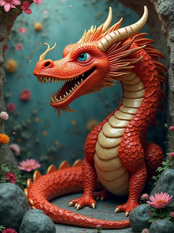 A 3D dragon with vibrant colors and detailed textures in a luxurious environment surrounded by flowers and rocks. The dragon features a hefty, scaled body with pronounced facial expressions.