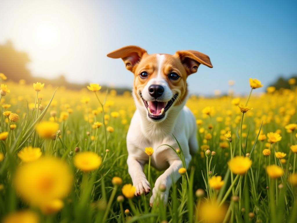 A happy dog is running through a vibrant meadow filled with blooming buttercups. The sun shines brightly, casting a warm glow over the landscape. The dog is playful and energetic, with its ears flapping in the wind. The buttercups are a bright yellow, contrasting beautifully with the green grass. In the background, you can see a clear blue sky, creating a cheerful atmosphere.