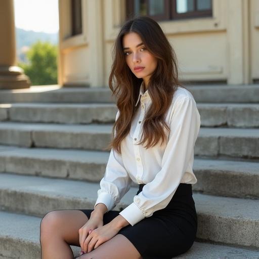 Photograph features young woman in high fashion sitting on concrete stairs. Attire includes white blouse and black pencil skirt. She is barefoot and holding high heels. Long brown ombre hair frames her face. Gazes at the camera. Vintage building in the background under natural sunlight.