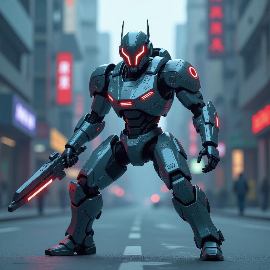 Futuristic android robot warrior in a dynamic combat stance standing in an urban environment filled with neon lights