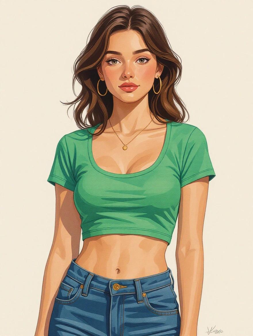Artistic portrayal of a young and slim woman. She wears a green cropped shirt and low rise pants that reveal her toned midriff. The style is vibrant and modern, emphasizing youth and fashion.