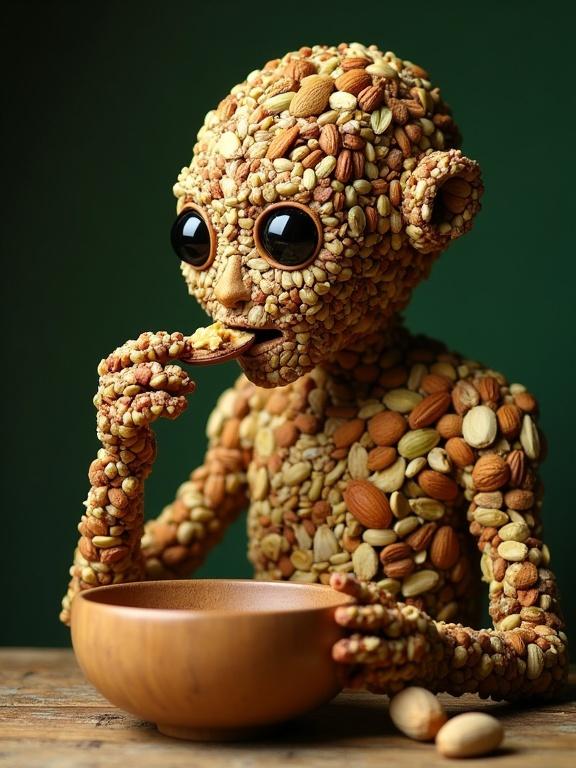 Create a humanoid model crafted from diverse edible nuts such as almonds and pistachios with detailed features. This figure is seated at a rustic wooden table enjoying granola pieces from a handcrafted bowl. The environment radiates a soft green hue, promoting a tranquil and inviting atmosphere amid nutty fragrances.