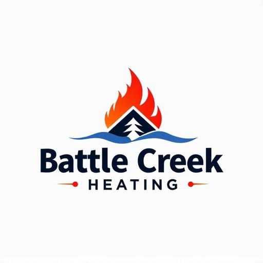 Logo design for Battle Creek Heating. Modern masculine professional style. Incorporate HVAC themes such as airflow, flame, snow icons. Color palette red blue black grey. Logo feels secure refined trustworthy. Suitable for service vans uniforms websites.