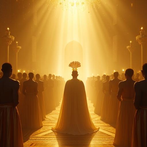 A magnificent golden hall in the divine realm contains Olodumare observing Orixás. Exu is highlighted, marked by humility and strength. Ambient light diffuses like a crown. A close-up on Exu shows vulnerability and will. Subtle Yoruba motifs enhance the sacred atmosphere.