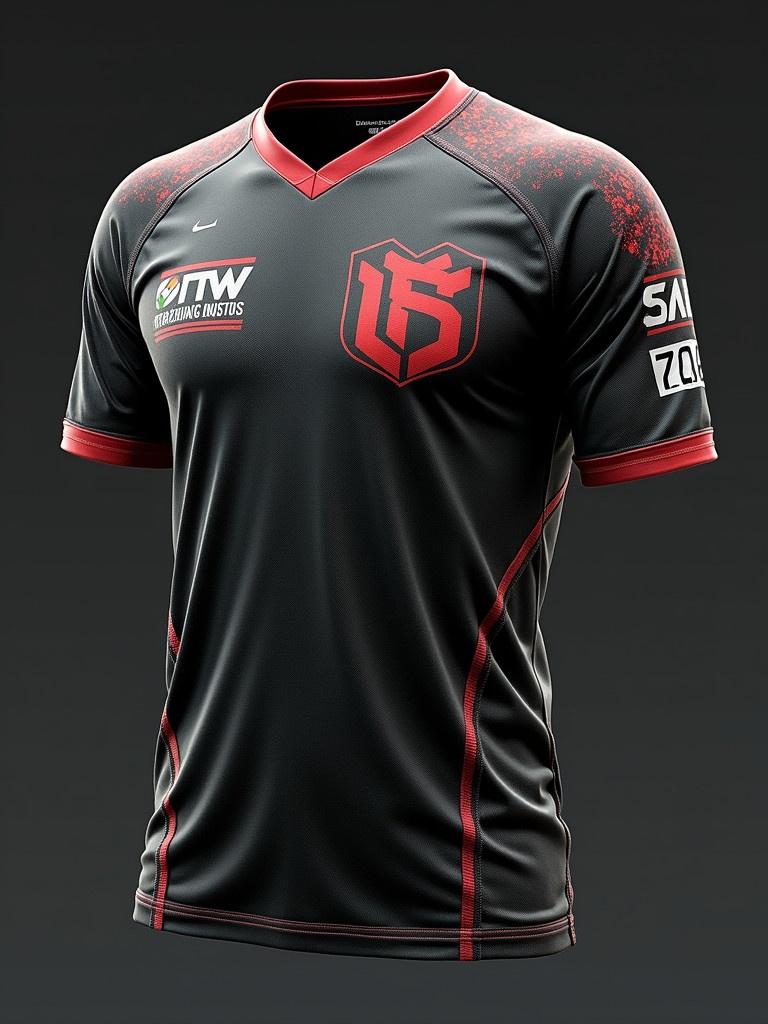 Image of an IPSC jersey worn by a fictional team. Features logos on the front and contrasting colors. Designed for active sports use.