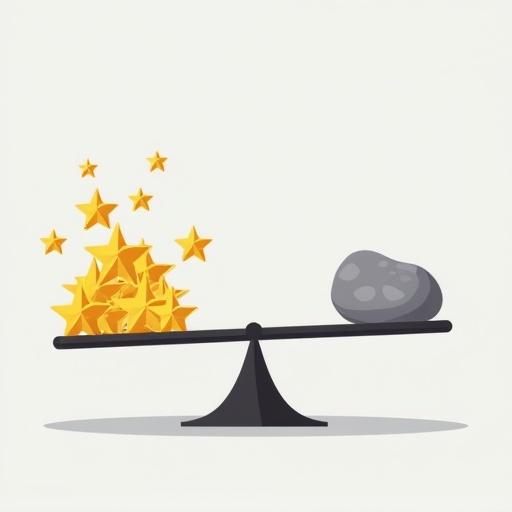 A balanced scale shows multiple gold stars on one side and a single gray rock on the other. The scale tilts toward the stars. Background is light gray. Flat cartoon style with bold colors. No text.