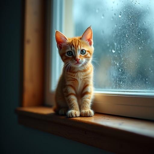 Photorealistic portrait of an orange kitten on a wooden windowsill. Kitten shows a sorrowful expression. Background features a window with raindrops streaking down. Warm interior light contrasts with a blue, rainy atmosphere outside. The focus is on emotional impact.
