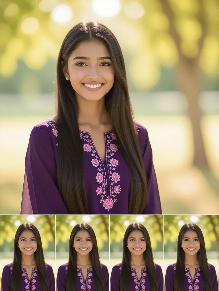 Portrait of a young girl in salwar kameez. The girl has long black hair and gentle smile. Violet outfit with pink embroidery. Natural outdoor background with sunlight filtering through trees. Focus on natural beauty.