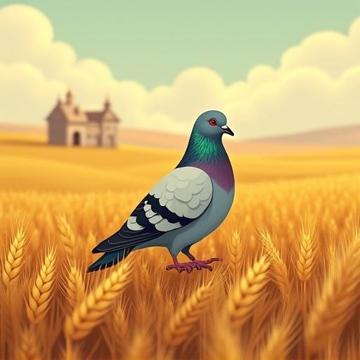 Pigeon in golden wheat fields with medieval background. Cartoon style. Bright colors. Fantasy theme. 4K resolution.