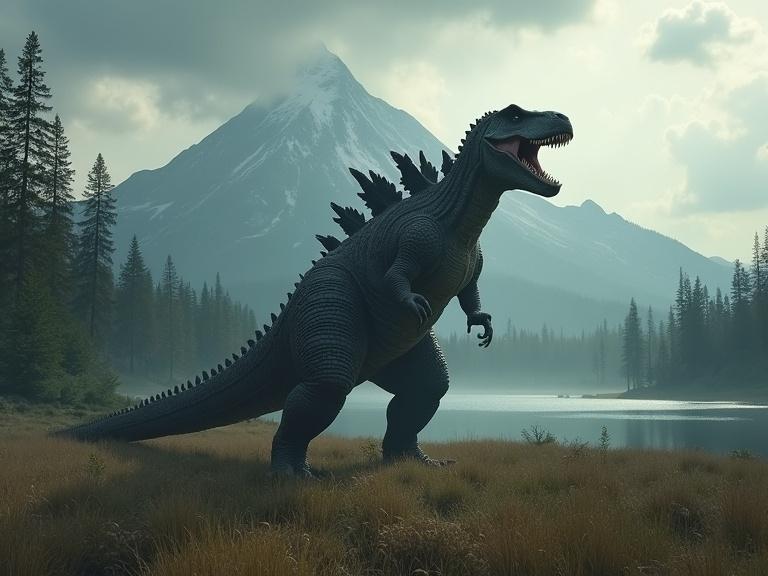Image of a large dinosaur in a field with trees and a mountain in the background. The dinosaur is dark and has a realistic texture. The setting is cloudy with a lake nearby. Focus on an atmospheric feel with reflections and shadows.