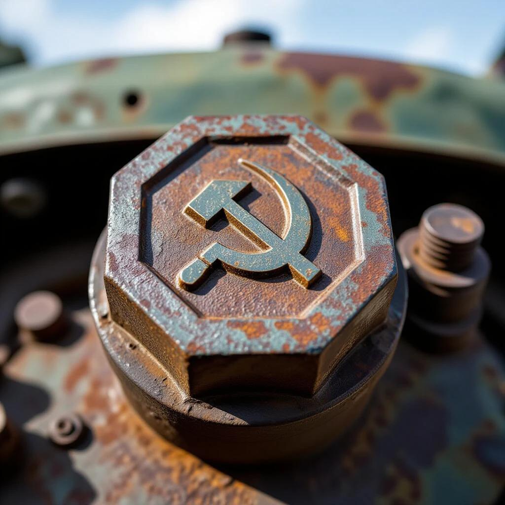 Macro photography of a Soviet hexagonal bolt head with a prominent hammer and sickle emblem. Image shows heavy rust on the surface. The bolt is mounted on a truck engine's water pump flange. Strict frontal perspective with no threads visible. Dramatic lighting highlights the emblem relief against a blurred background of engine components.