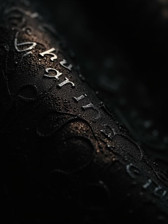 Ultra close-up of intricate detail on delicate black lace or lustrous silk. Elegant shadows partially obscure fabric. Warm light comes from a sliver. Text 'kirashop.com.ua' subtly integrated as part of the pattern.