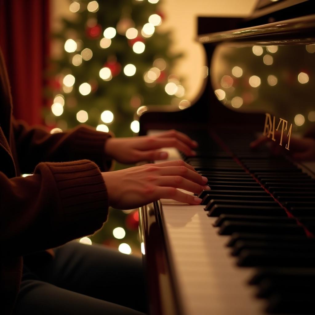 Close-up of hands playing the piano during Christmas season. Soft warm lighting and Christmas tree in background.