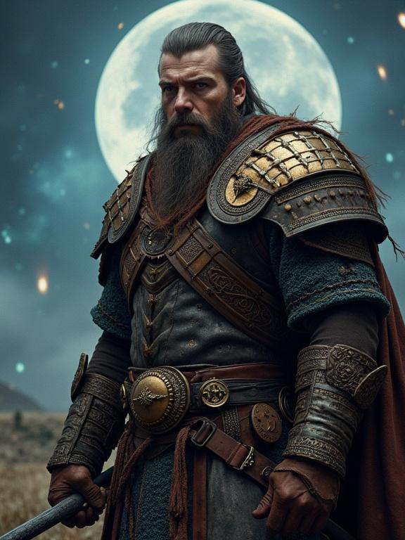 Image of a fierce Celtic warrior clad in leather and metal armor under moonlight. Features intricate detailing and an atmospheric Scottish Highlands backdrop with earthy colors.