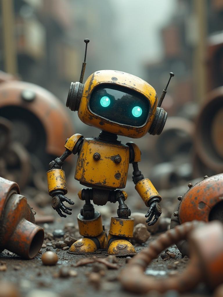 A small round-eyed robot wakes up in a junkyard. The robot looks around curiously. Old machine parts surround the robot. The setting is cluttered with debris. The robot has a bright yellow color with a metallic finish.