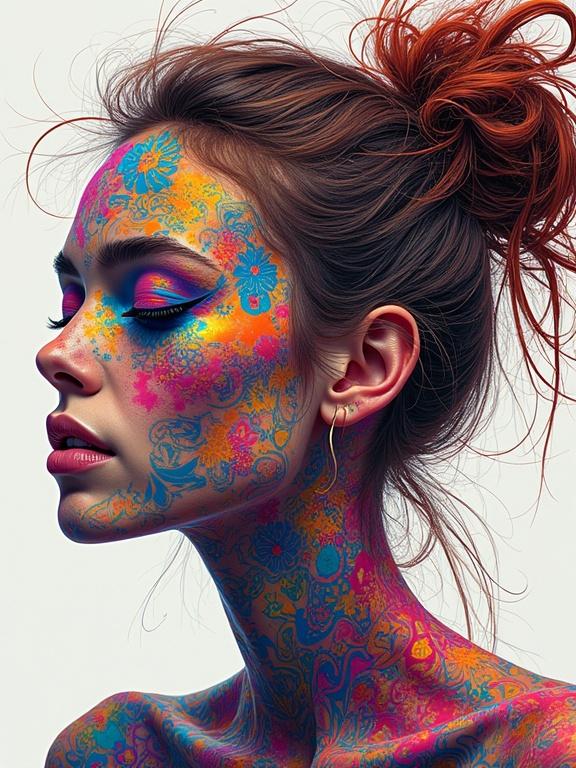Artistic portrait of a woman with intricate colorful patterns on her face and neck. The design features psychedelic elements and floral motifs. The woman has red hair styled in a bun. The image showcases a mixture of bright colors with a lively texture.