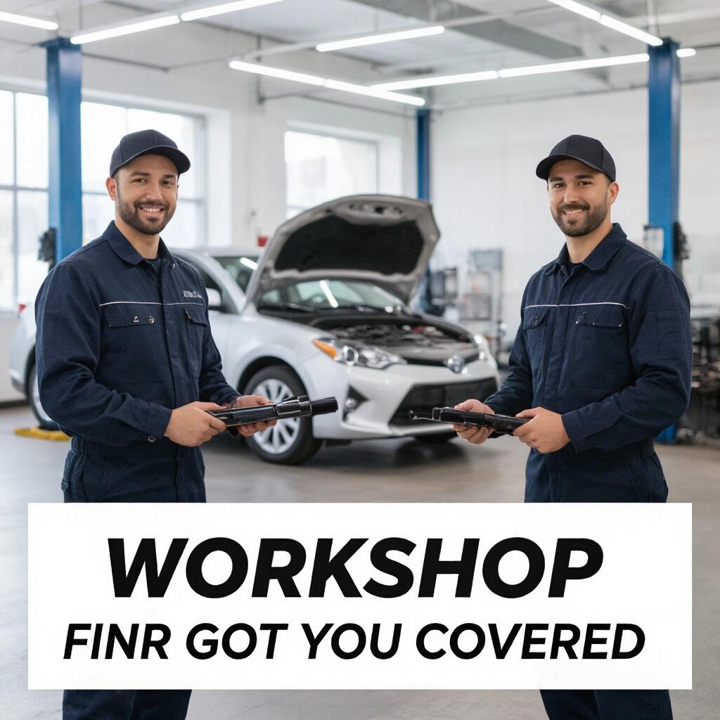 Two mechanics stand in a busy automotive workshop. They hold tools and discuss vehicle repair. A car is in the background with its hood open. The environment is bright and professional.